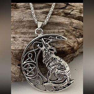 Crescent Moon Pentagram Wolf Celtic Pendant Necklace Stainless Steel NWT